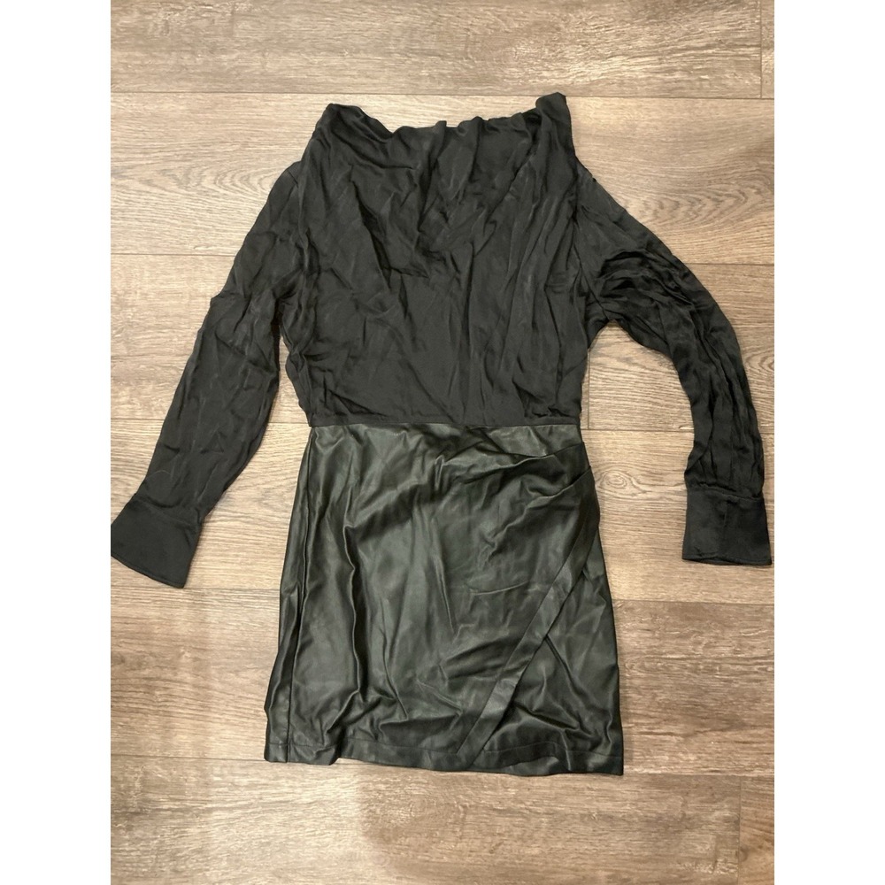 Maeve Plunge Vegan Leather Black Dress Size 8 Anthropologie Cocktail Long Sleeve - Picture 4 of 6